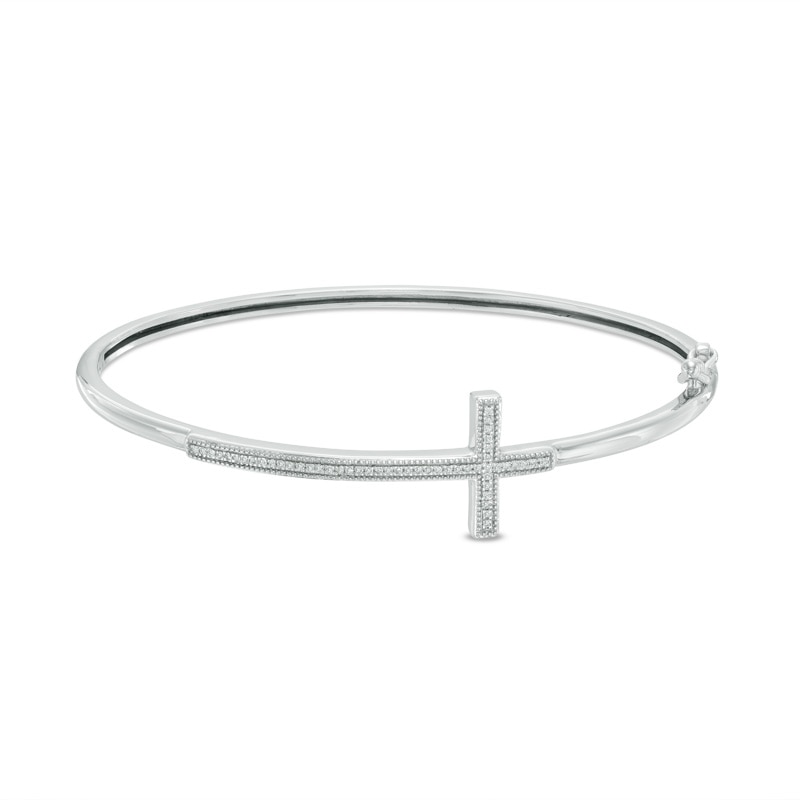 Main Image 1 of 1/10 CT. T.W. Diamond Sideways Cross Bangle in Sterling Silver