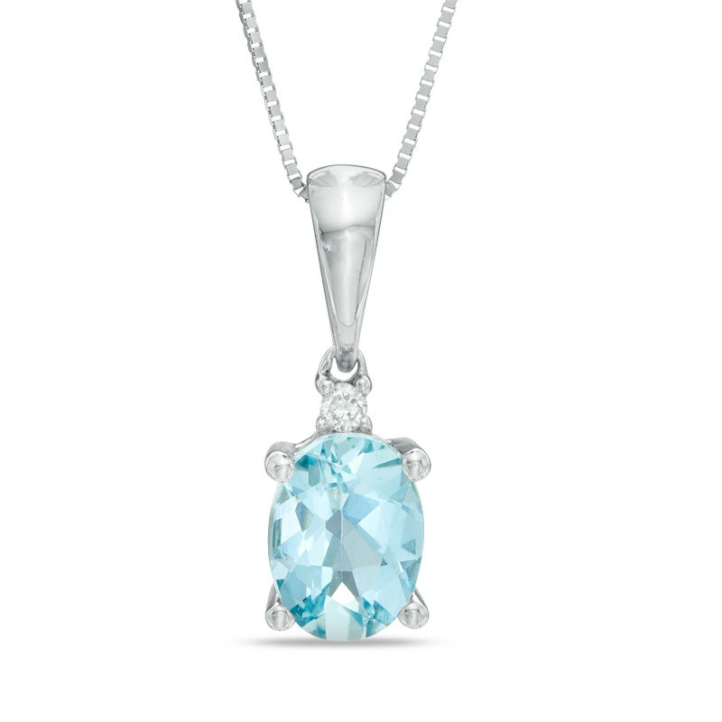 Main Image 1 of Oval Aquamarine and Diamond Accent Pendant in 10K White Gold