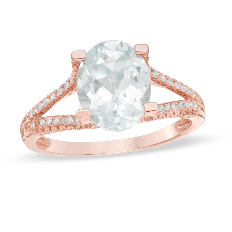 Precious Bride™ Oval Aquamarine and 1/4 CT. T.W. Diamond Split Shank Engagement Ring in 14K Rose Gold