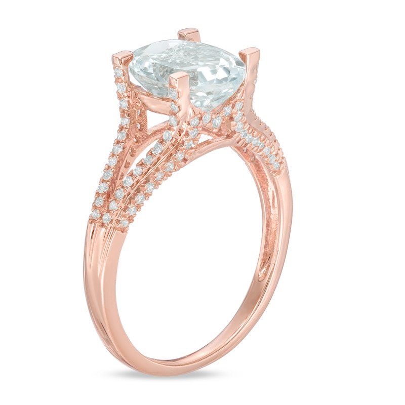 Precious Bride™ Oval Aquamarine and 1/4 CT. T.W. Diamond Split Shank Engagement Ring in 14K Rose Gold