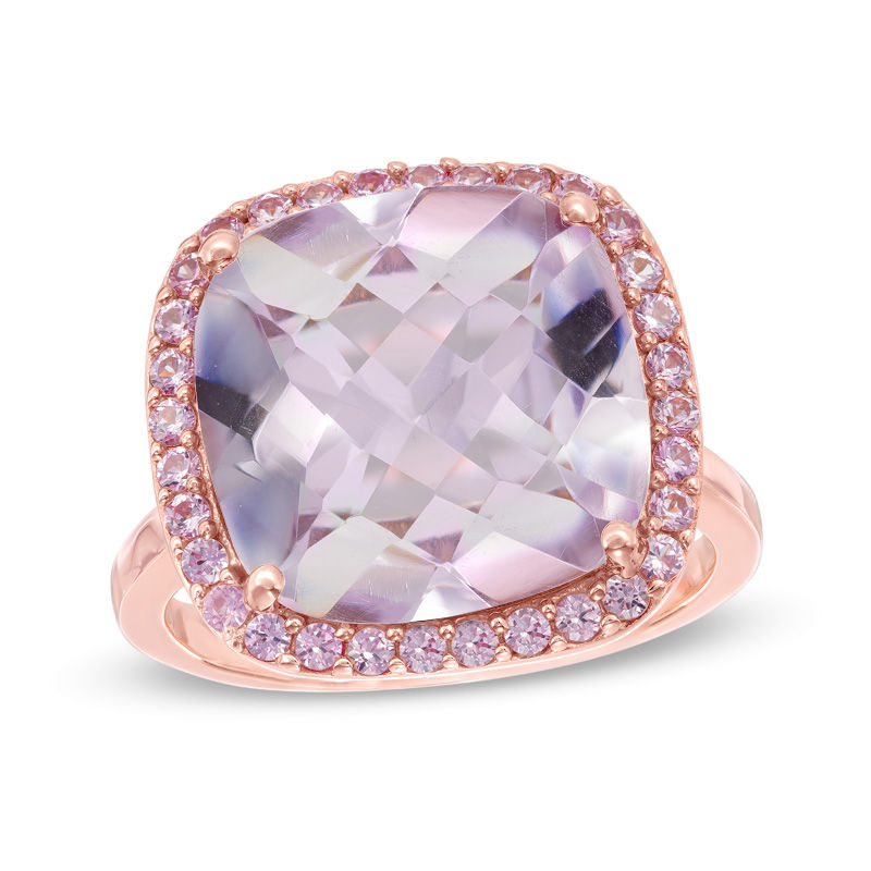 Cushion-Cut Amethyst and Lab-Created Pink Sapphire Frame Ring in Sterling Silver with 14K Rose Gold Plate - Size 6.5