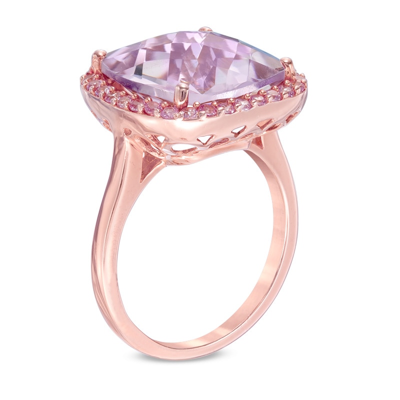 Cushion-Cut Amethyst and Lab-Created Pink Sapphire Frame Ring in Sterling Silver with 14K Rose Gold Plate - Size 6.5