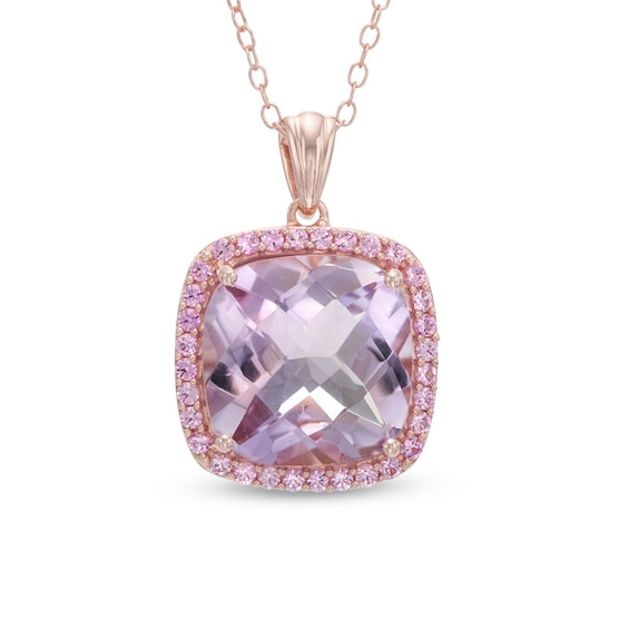 14.0mm Cushion-Cut Amethyst and Lab-Created Pink Sapphire Frame Pendant in Sterling Silver with 14K Rose Gold Plate 14.0mm Cushion-Cut Amethyst and Lab-Created Pink Sapphire Frame Pendant in Sterling Silver with 14K Rose Gold Plate