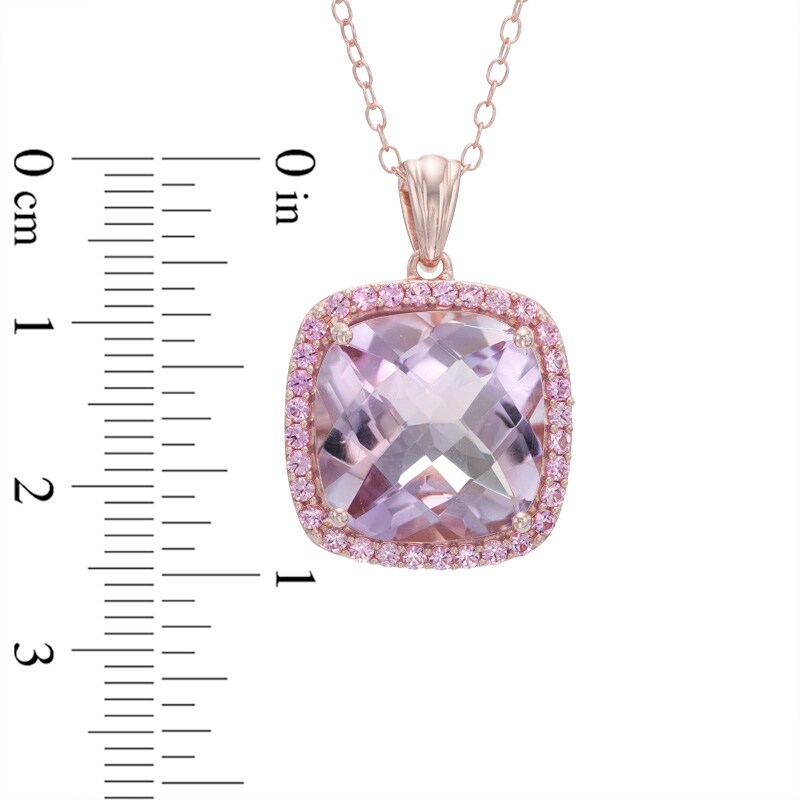 Main Image 2 of 14.0mm Cushion-Cut Amethyst and Lab-Created Pink Sapphire Frame Pendant in Sterling Silver with 14K Rose Gold Plate