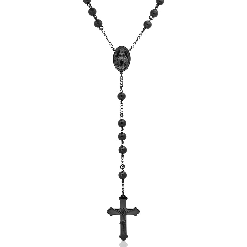 Main Image 2 of Men's Beaded Rosary in Stainless Steel with Black IP - 24"