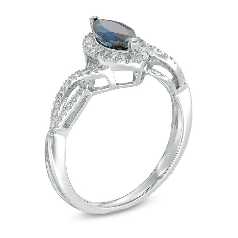Marquise Blue Sapphire and 1/4 CT. T.W. Diamond Frame Ring in 10K White Gold