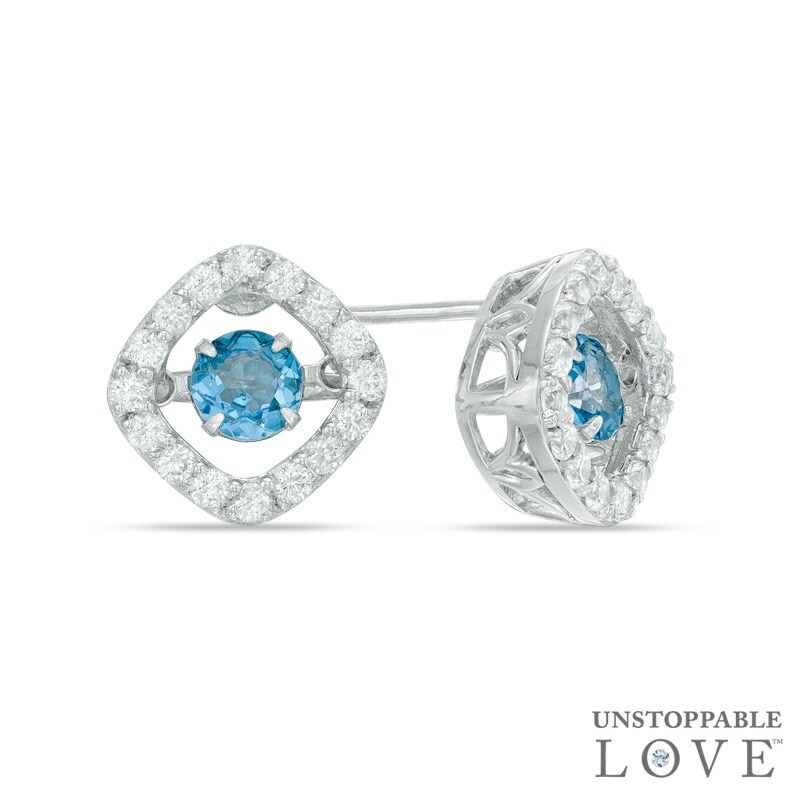 Main Image 1 of Swiss Blue Topaz and Lab-Created White Sapphire Tilted Square Stud Earrings in Sterling Silver