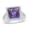 Thumbnail Image 0 of 10.0mm Princess-Cut Amethyst and White Topaz Frame Split Shank Ring in Sterling Silver