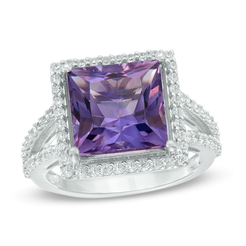 10.0mm Princess-Cut Amethyst and White Topaz Frame Split Shank Ring in Sterling Silver