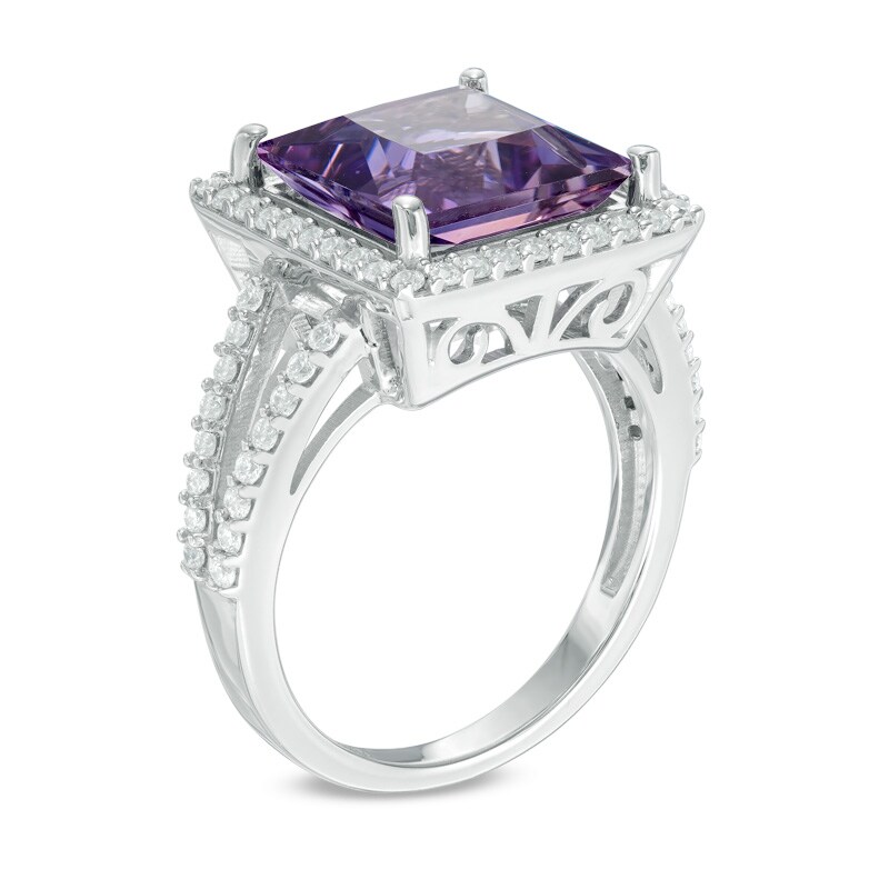 10.0mm Princess-Cut Amethyst and White Topaz Frame Split Shank Ring in Sterling Silver