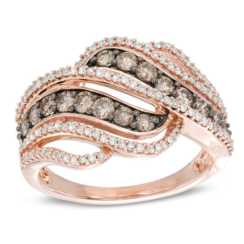 1 CT. T.W. Champagne and White Diamond Swirl Bypass Ring in 10K Rose Gold