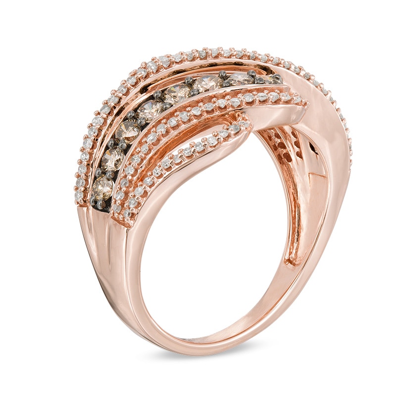 1 CT. T.W. Champagne and White Diamond Swirl Bypass Ring in 10K Rose Gold