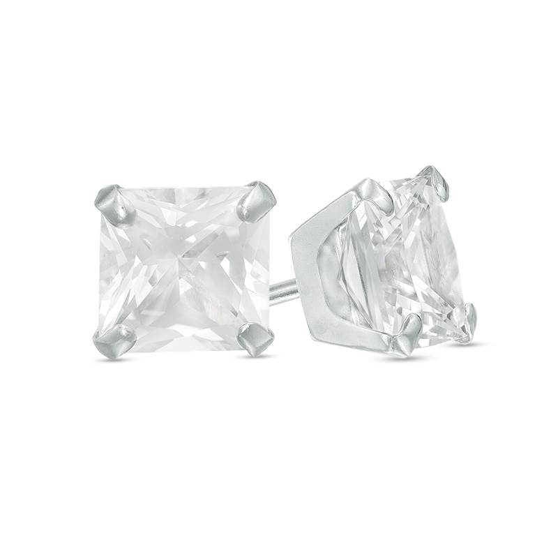 Main Image 1 of 6.0mm Princess-Cut Lab-Created White Sapphire Stud Earrings in 14K White Gold