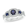 Thumbnail Image 0 of Lab-Created Blue and White Sapphire Frame Three Stone Ring in Sterling Silver