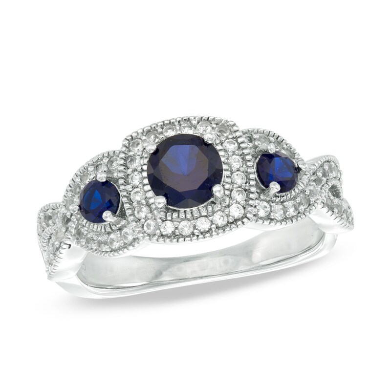 Lab-Created Blue and White Sapphire Frame Three Stone Ring in Sterling Silver