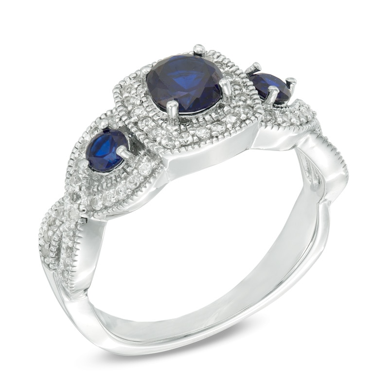 Lab-Created Blue and White Sapphire Frame Three Stone Ring in Sterling Silver