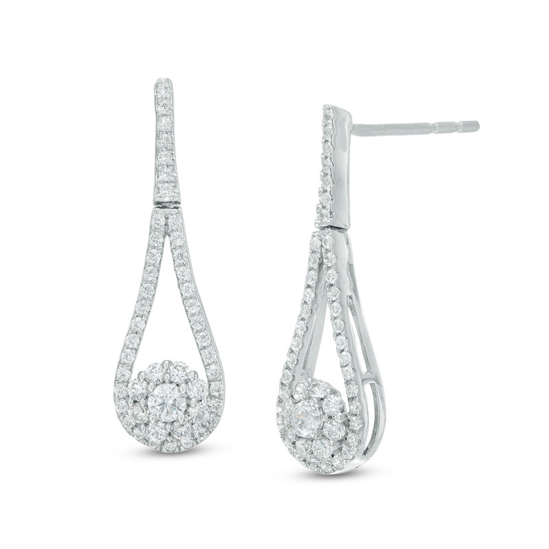 1/2 CT. T.W. Multi-Diamond Open Teardrop-Shaped Frame with Flower Drop Earrings in 10K White Gold