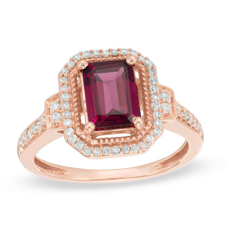 Precious Bride™ Octagonal Rhodolite Garnet and 1/4 CT. T.W. Diamond Frame Engagement Ring in 14K Rose Gold