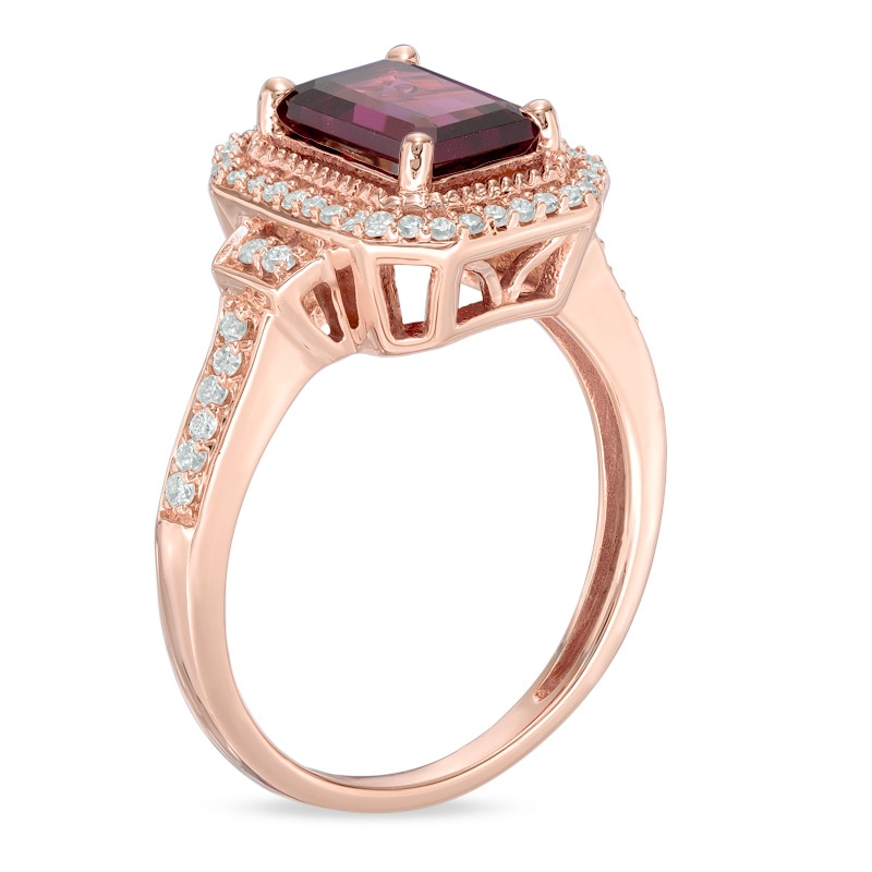 Precious Bride™ Octagonal Rhodolite Garnet and 1/4 CT. T.W. Diamond Frame Engagement Ring in 14K Rose Gold
