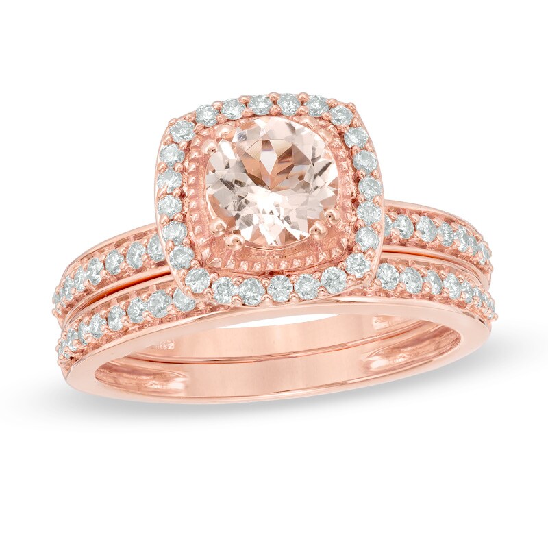 Precious Bride™ 6.0mm Morganite and 1/2 CT. T.W. Diamond Cushion Frame Bridal Set in 14K Rose Gold