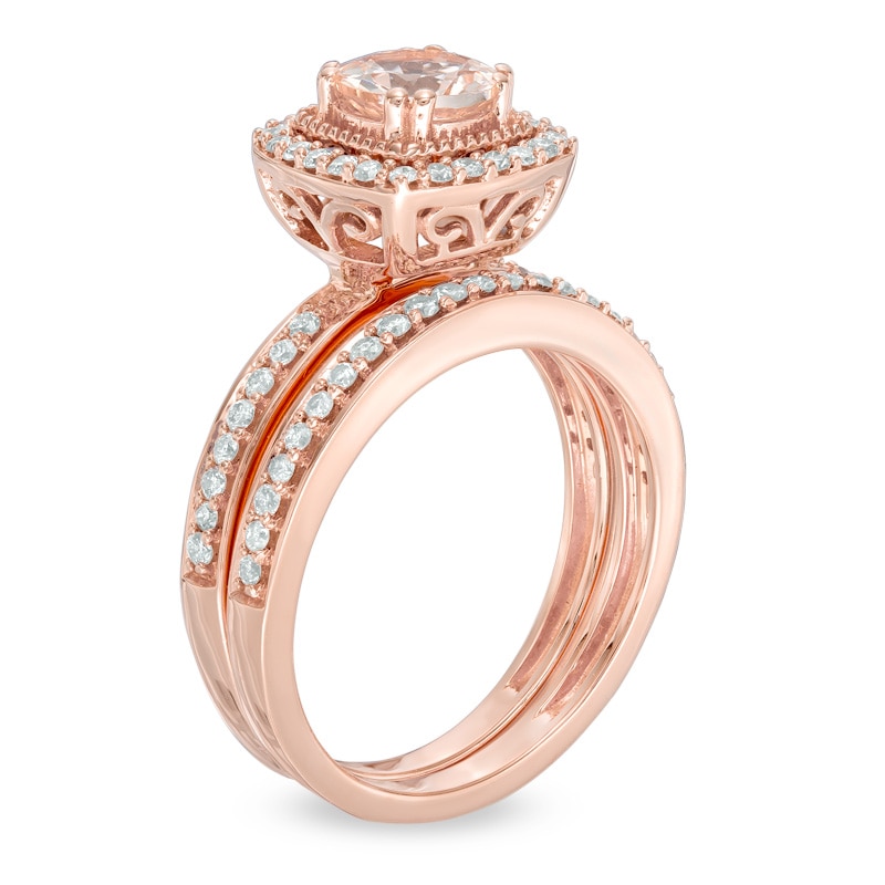 Precious Bride™ 6.0mm Morganite and 1/2 CT. T.W. Diamond Cushion Frame Bridal Set in 14K Rose Gold