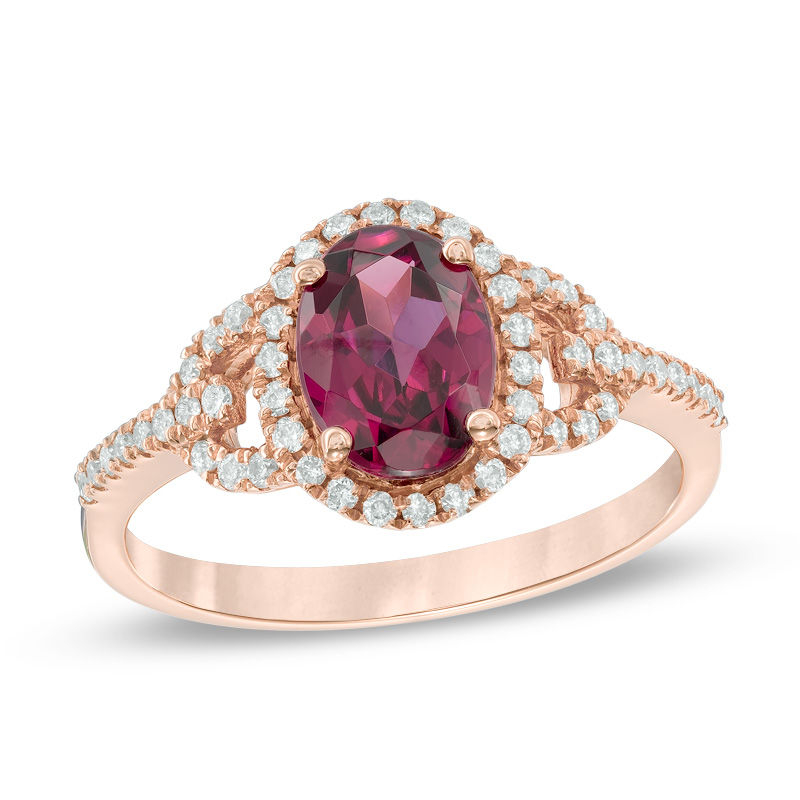 Precious Bride™ Oval Rhodolite Garnet and 1/4 CT. T.W. Diamond Frame Engagement Ring in 14K Rose Gold