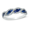 Thumbnail Image 0 of Lab-Created Blue and White Sapphire Cascading Three Stone Band in Sterling Silver