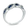 Thumbnail Image 1 of Lab-Created Blue and White Sapphire Cascading Three Stone Band in Sterling Silver