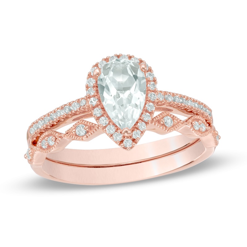 Main Image 1 of Precious Bride™ Pear-Shaped White Sapphire and 1/3 CT. T.W. Diamond Vintage-Style Bridal Set in 14K Rose Gold