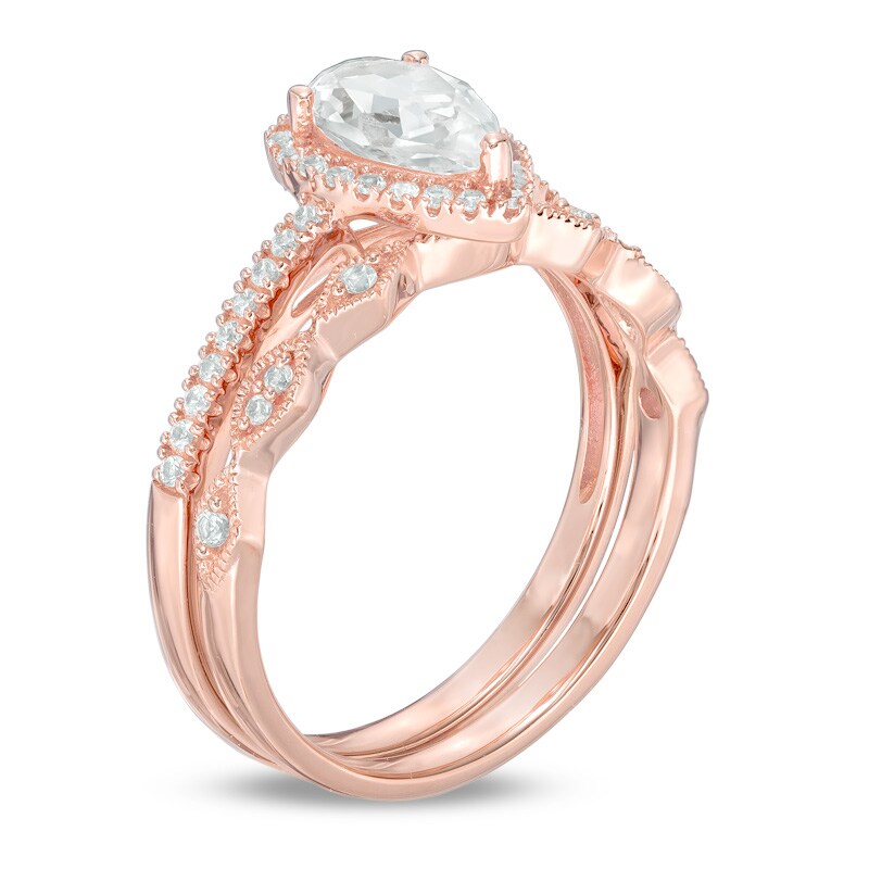 Main Image 2 of Precious Bride™ Pear-Shaped White Sapphire and 1/3 CT. T.W. Diamond Vintage-Style Bridal Set in 14K Rose Gold