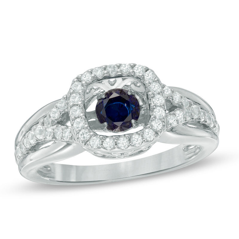 4.5mm Lab-Created Blue and White Sapphire Cushion Frame Ring in Sterling Silver