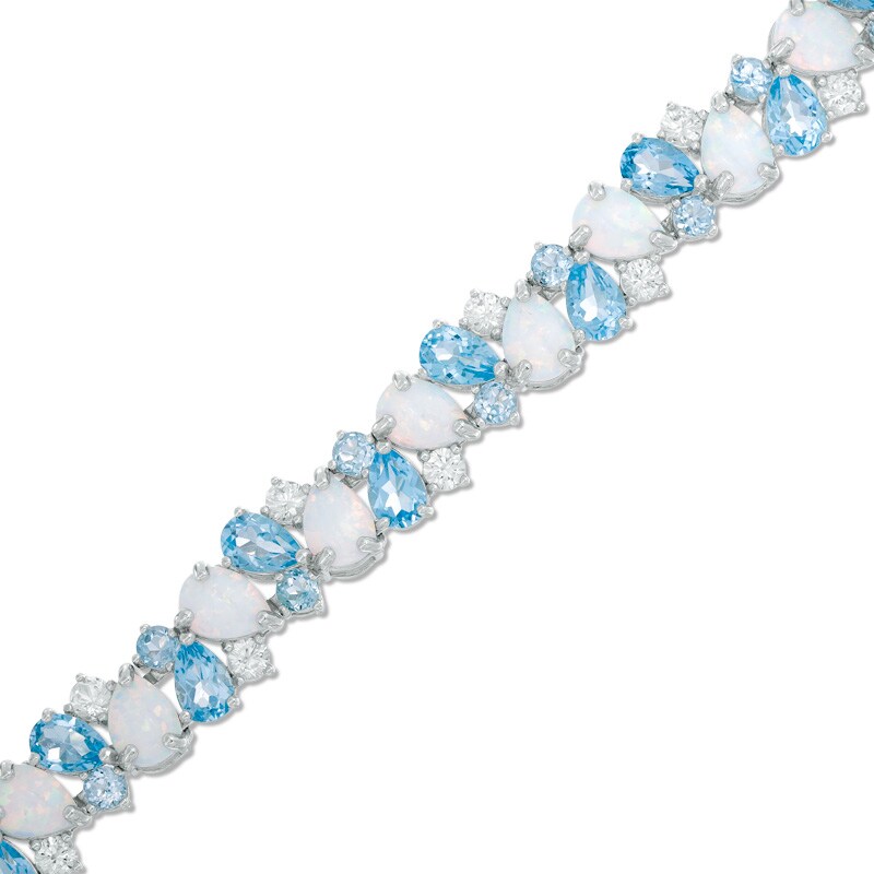 Main Image 1 of Multi-Shaped Blue Topaz and Lab-Created Opal Cluster Bracelet in Sterling Silver - 7.25"
