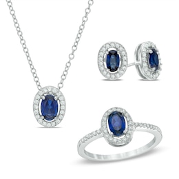 Oval Lab-Created Blue and White Sapphire Frame Pendant, Earrings and Ring Set in Sterling Silver - Size 7