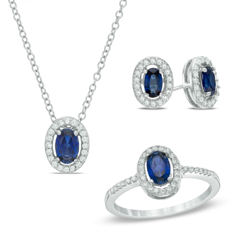 Main Image 1 of Oval Lab-Created Blue and White Sapphire Frame Pendant, Earrings and Ring Set in Sterling Silver - Size 7