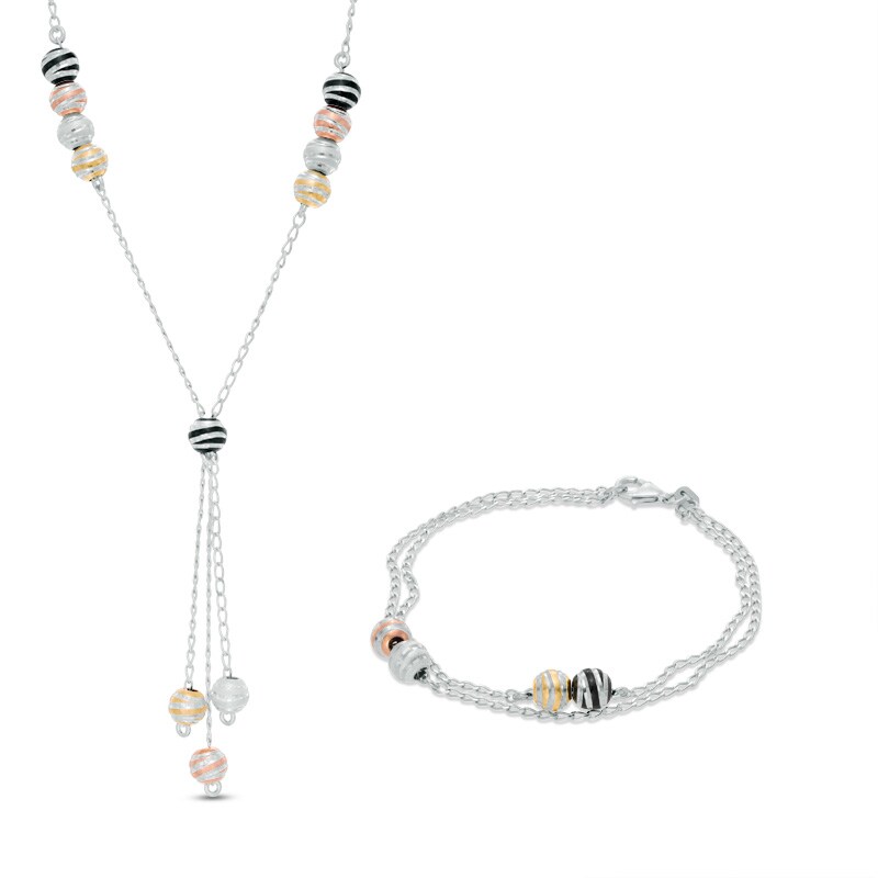 Main Image 1 of Bead Lariat Necklace and Bracelet Set in Two-Tone Sterling Silver with Black Ruthenium