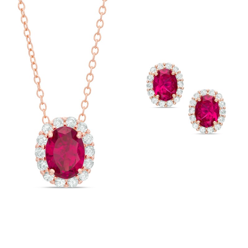Main Image 1 of Oval Lab-Created Ruby and White Sapphire Frame Pendant and Earrings Set in Sterling Silver with 18K Rose Gold Plate
