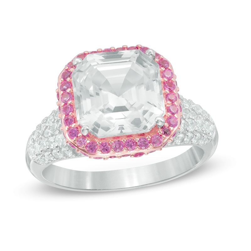 Main Image 1 of 9.0mm Cushion-Cut Lab-Created White and Pink Sapphire Frame Ring in Sterling Silver and 18K Rose Gold Plate