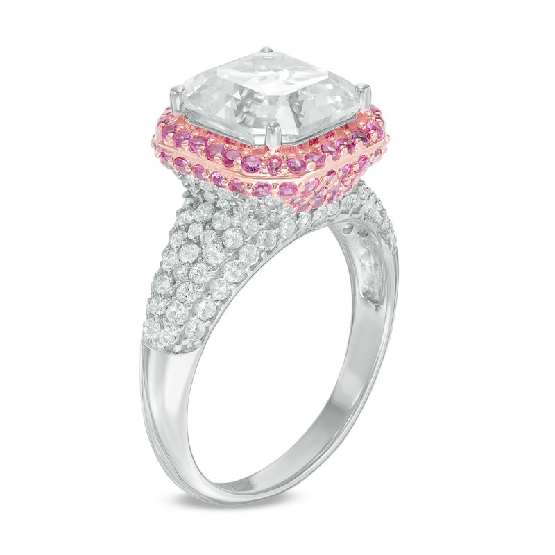 Main Image 2 of 9.0mm Cushion-Cut Lab-Created White and Pink Sapphire Frame Ring in Sterling Silver and 18K Rose Gold Plate