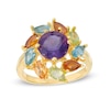 Thumbnail Image 0 of 8.0mm Amethyst and Pear-Shaped Multi-Gemstone Frame Ring in Sterling Silver and 18K Gold Plate