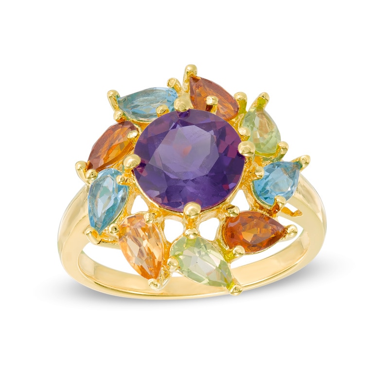 8.0mm Amethyst and Pear-Shaped Multi-Gemstone Frame Ring in Sterling Silver and 18K Gold Plate