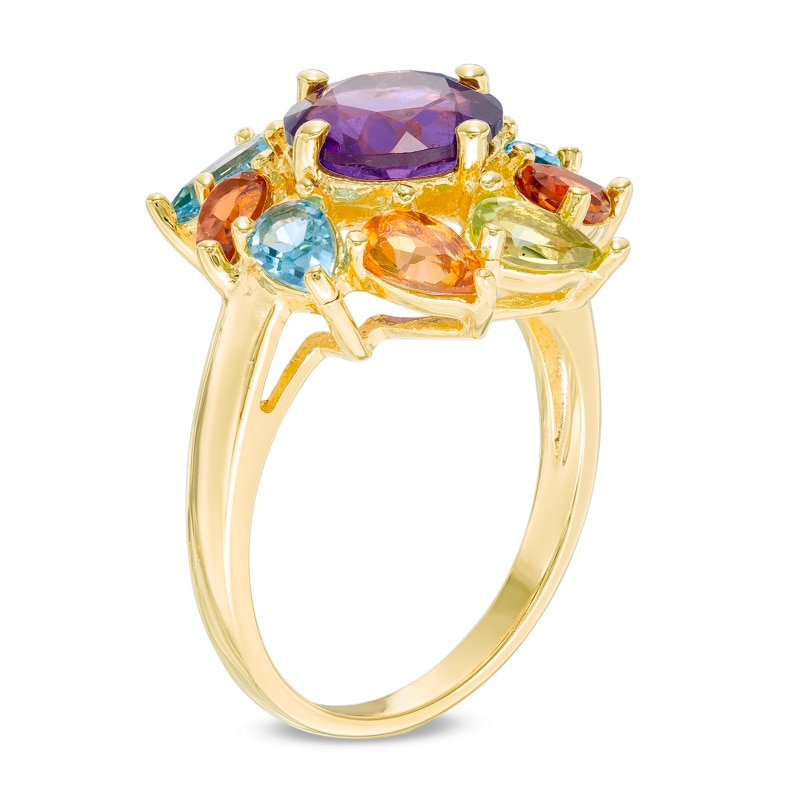 8.0mm Amethyst and Pear-Shaped Multi-Gemstone Frame Ring in Sterling Silver and 18K Gold Plate