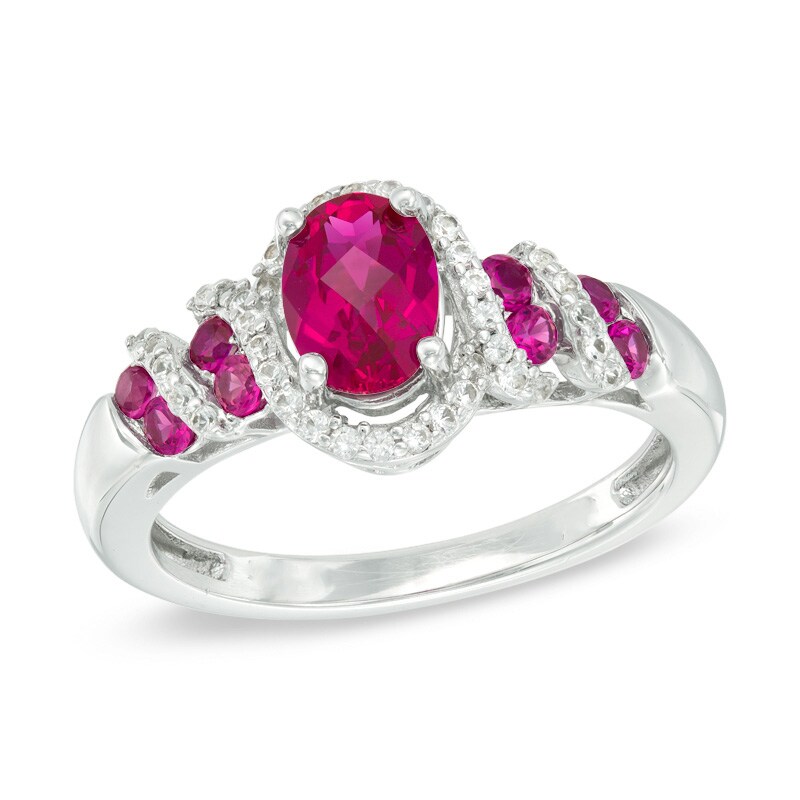 Oval Lab-Created Ruby and White Sapphire Cascading Frame Ring in 10K White Gold
