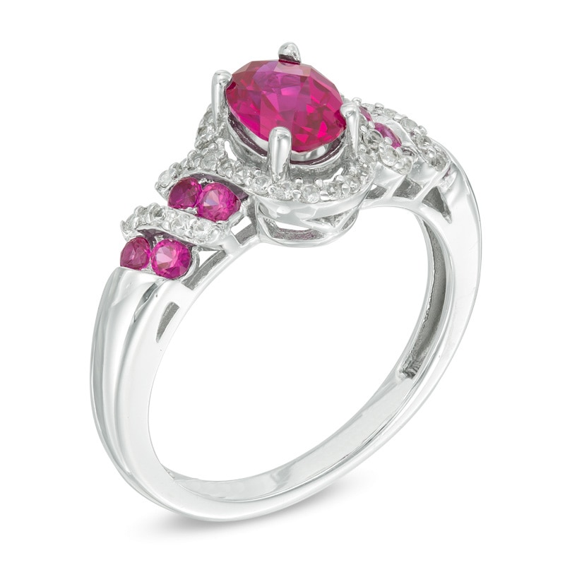 Oval Lab-Created Ruby and White Sapphire Cascading Frame Ring in 10K White Gold