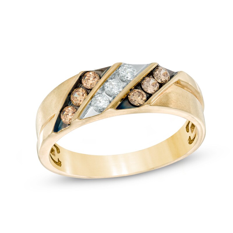 Men's 1/2 CT. T.W. Champagne and White Diamond Slanted Triple Row Band in 10K Gold
