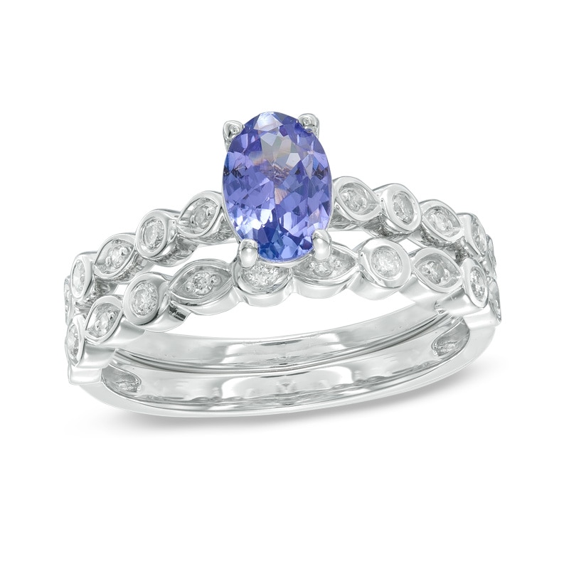 Main Image 1 of Precious Bride™ Oval Tanzanite and 1/5 CT. T.W. Diamond Bridal Set in 14K White Gold