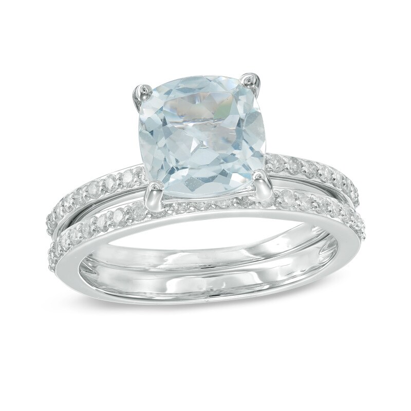 Precious Bride™ 8.0mm Cushion-Cut Aquamarine and 1/3 CT. T.W. Diamond Bridal Set in 14K White Gold