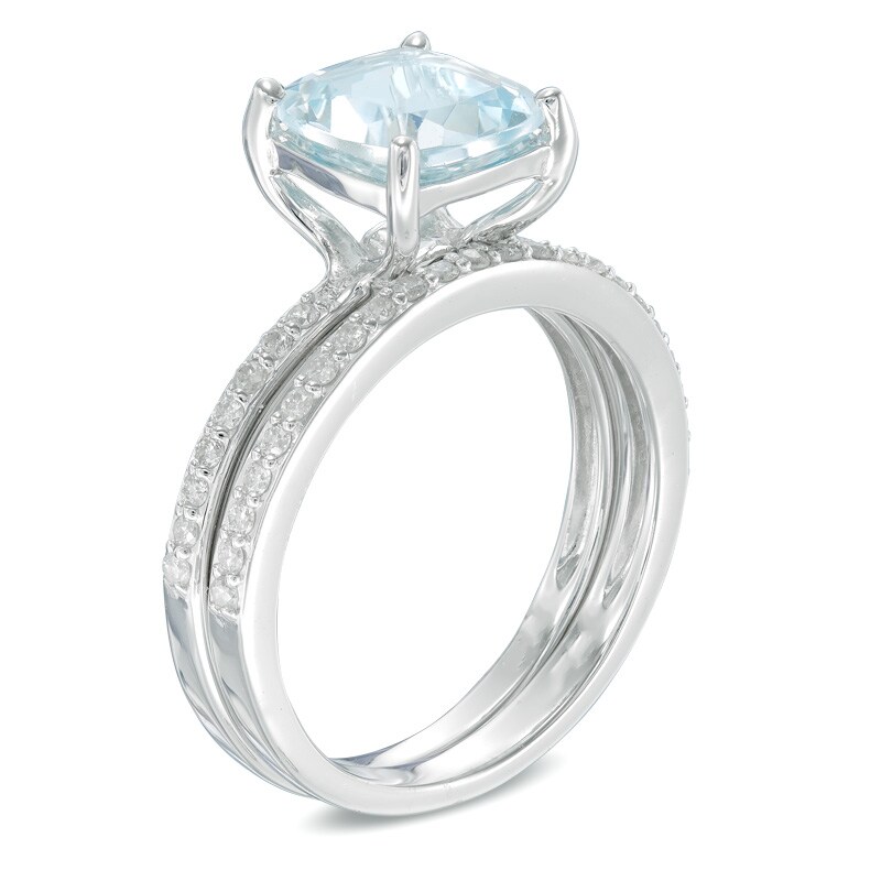 Precious Bride™ 8.0mm Cushion-Cut Aquamarine and 1/3 CT. T.W. Diamond Bridal Set in 14K White Gold
