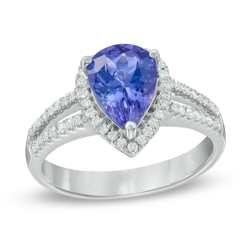 Precious Bride™ Pear-Shaped Tanzanite and 1/3 CT. T.W. Diamond Frame Engagement Ring in 14K White Gold