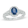 Thumbnail Image 0 of Precious Bride™ Oval Blue Sapphire and 1/3 CT. T.W. Diamond Frame Engagement Ring in 14K White Gold