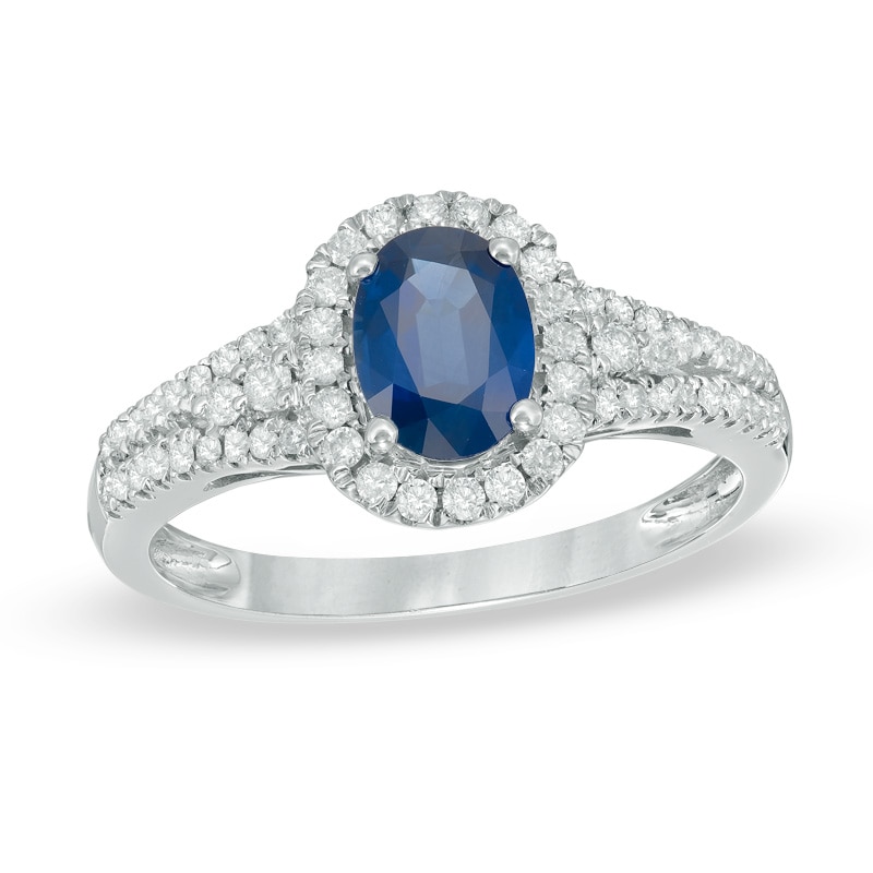 Precious Bride™ Oval Blue Sapphire and 1/3 CT. T.W. Diamond Frame Engagement Ring in 14K White Gold